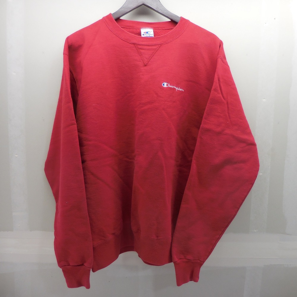 Champion Mens Red Crewneck Sweatshirt Large Script Logo Pullover Fleece Eco